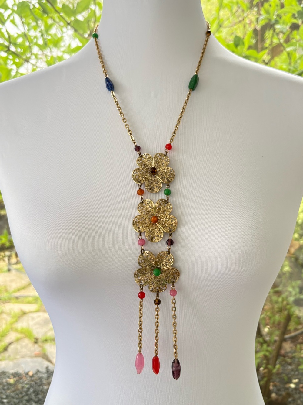 Vintage 60’s Filigree Flower and Glass Beads Trailing Dangle Necklace
